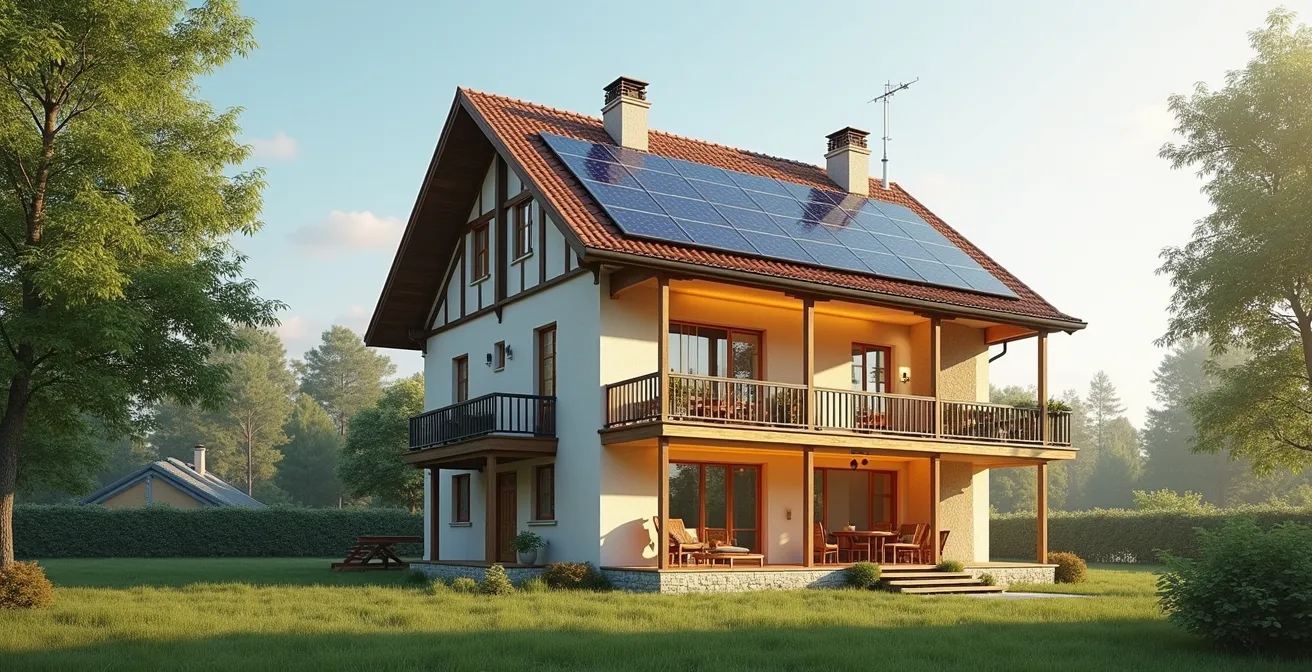 Vue conceptuelle d'une maison ancienne avec isolation thermique et éléments évoquant une rénovation énergétique