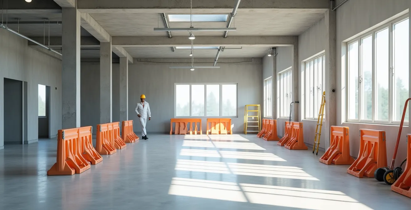 Vue d'ensemble minimaliste d'un espace de chantier organisé avec outils et équipements alignés