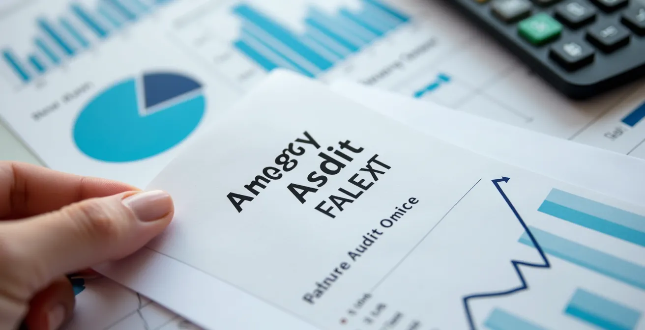 Gros plan sur une main tenant un plan d'audit énergétique avec des graphiques et schémas invisibles mais suggérés