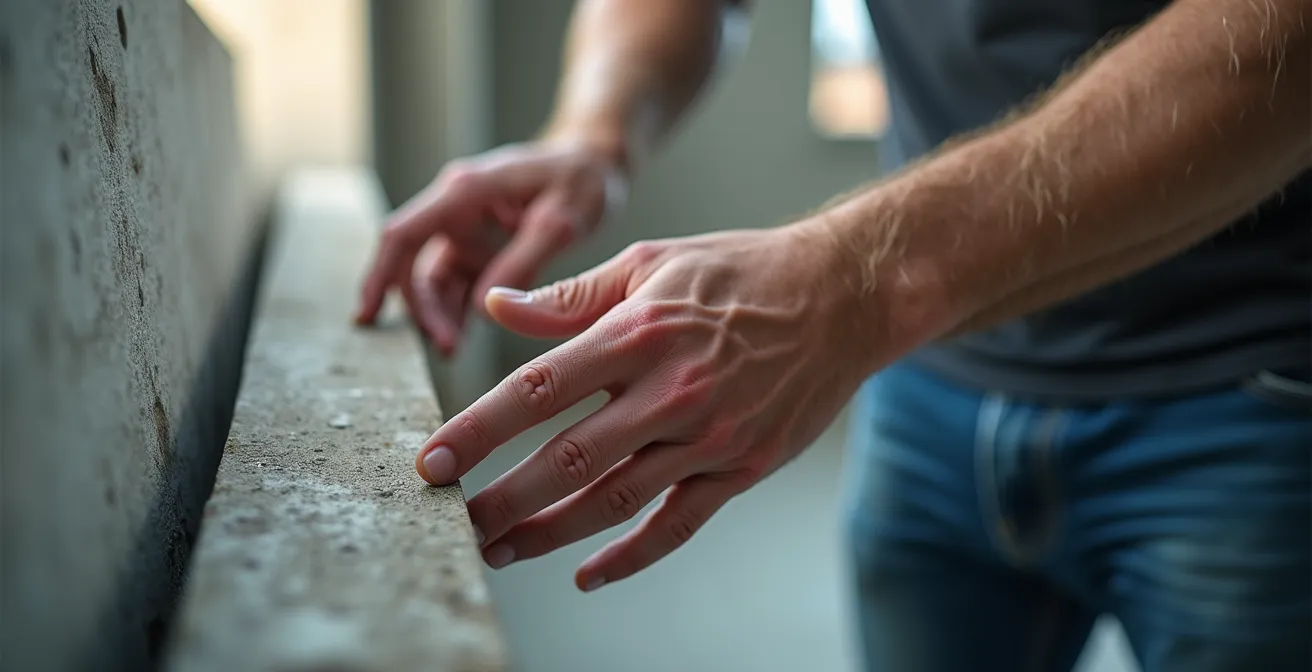 Gros plan sur des mains d'expert examinant la texture et la solidité d'un mur porteur en béton