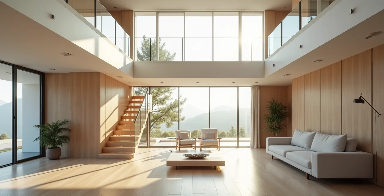 Vue architecturale d'une maison moderne avec cage d'escalier préparée pour installation d'ascenseur