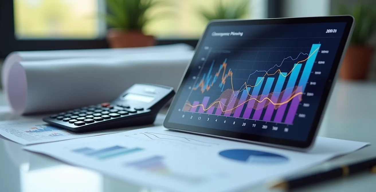 Calculatrice et documents financiers avec graphiques colorés sur un bureau moderne