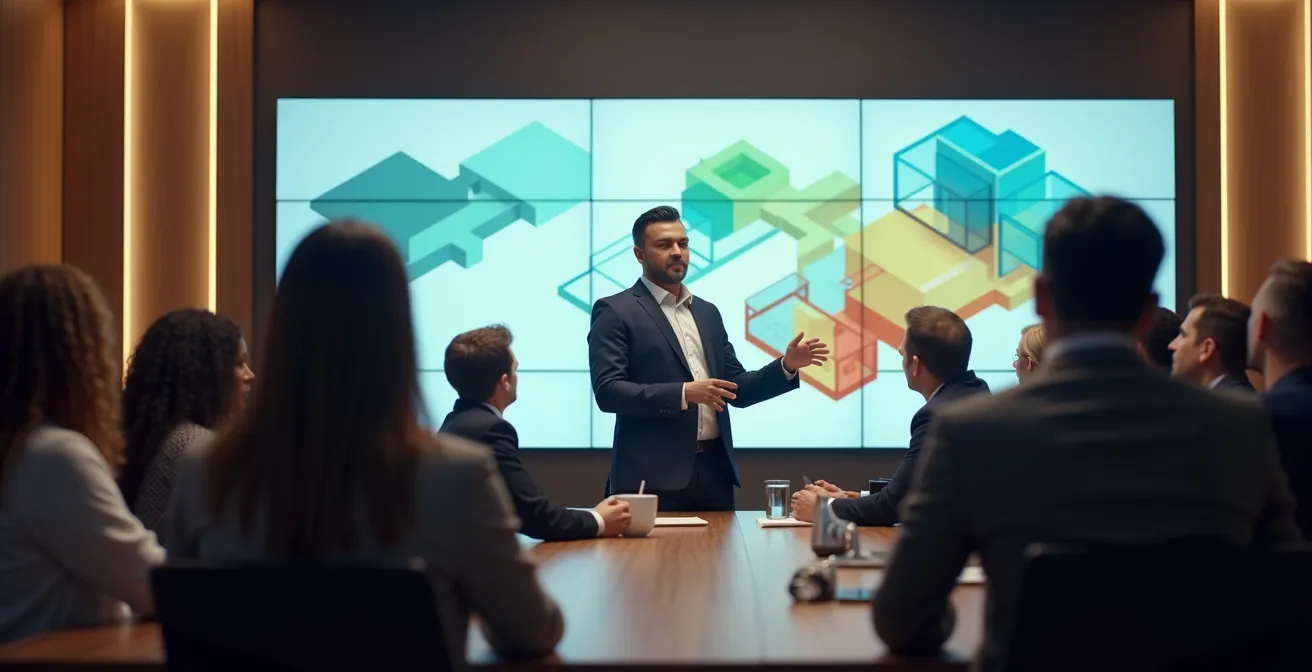 Réunion d'assemblée générale de copropriétaires dans une salle moderne avec présentation visuelle