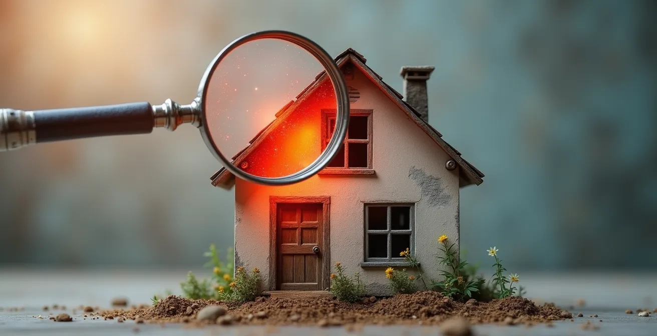 Illustration symbolique montrant une maison avec zones rouge et orange représentant une passoire thermique avec une loupe indiquant un audit énergétique