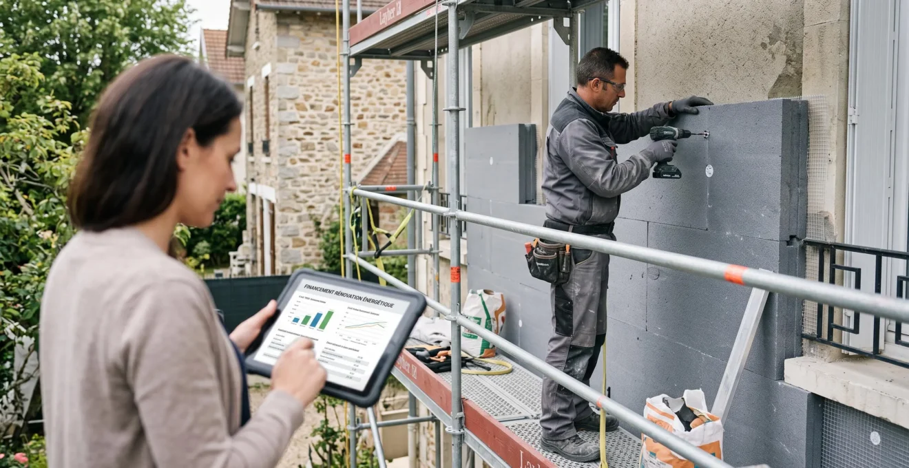 Artisan installant des panneaux d'isolation thermique par l'extérieur sur la façade d'une maison résidentielle lors d'un chantier de rénovation énergétique.