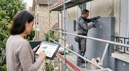 Artisan installant des panneaux d'isolation thermique par l'extérieur sur la façade d'une maison résidentielle lors d'un chantier de rénovation énergétique.