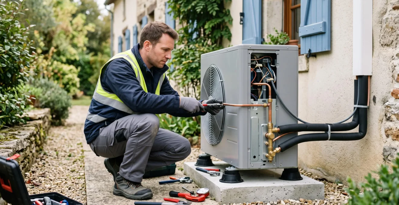 Technicien effectuant les connexions hydrauliques d'une pompe à chaleur air-eau installée à l'extérieur d'une habitation.